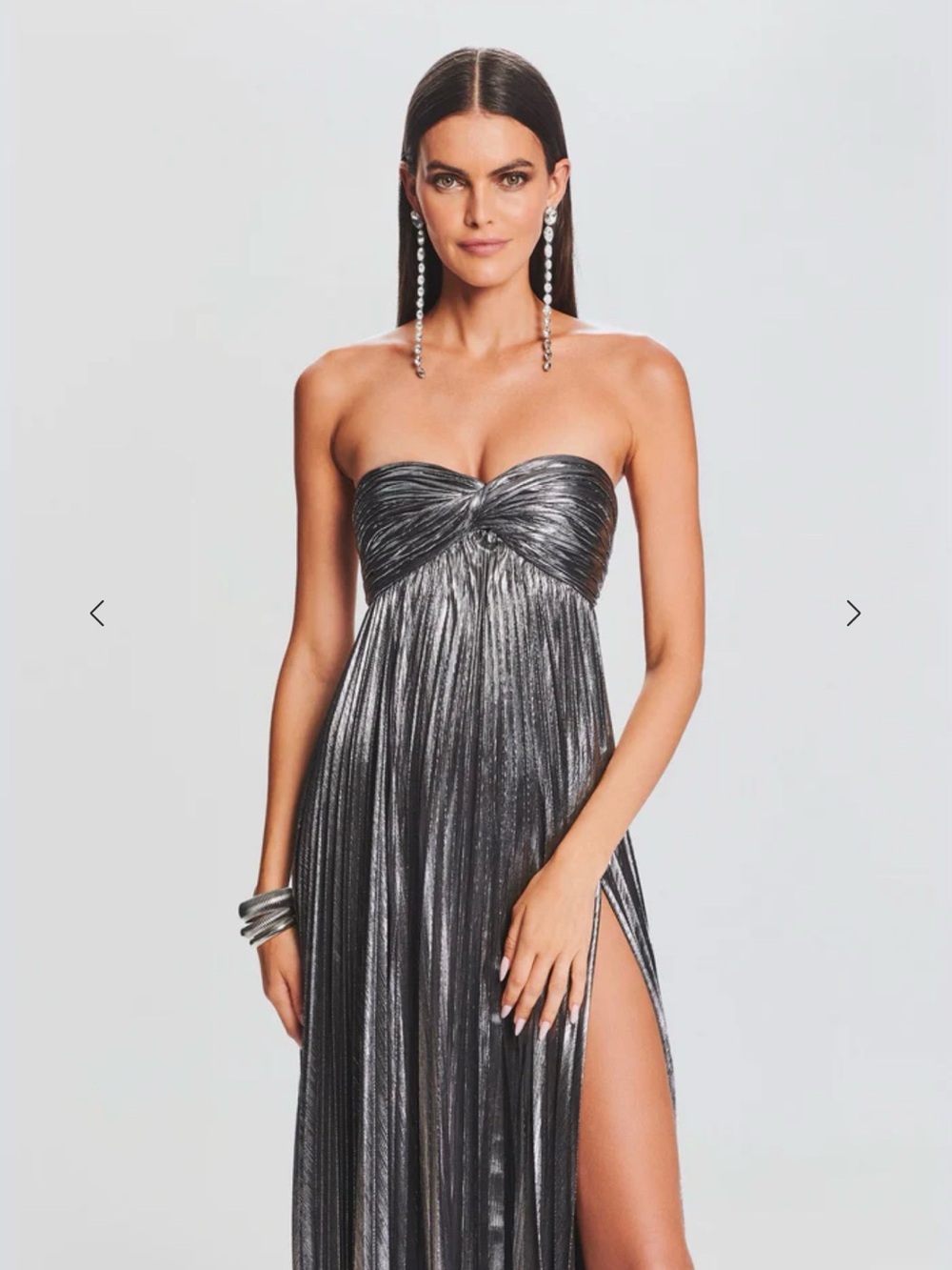 Retrofete Silver Strapless Metallic Pleated Gown with Side Slit